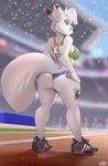 anthro athlete blue_eyes breasts butt clothing female footwear fur green_clothing green_topwear looking_back norway_flag number_on_clothing number_on_topwear plantigrade shoes solo stadium topwear white_body white_fur hinget adidas sabrina_frost canid canine fox mammal 2022 hi_res