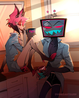 4_fingers animal_ears black_hair blue_body blue_eyes blue_skin briefs claws clothing coffee_mug collared_shirt dress_shirt duo electronics finger_claws fingers fluffy fluffy_chest fluffy_tail for_a_head fur hair hooves inside kitchen male multicolored_hair open_mouth open_smile pink_hair red_eyes red_sclera screen screen_face sharp_teeth shirt short_tail smile tail tan_body tan_fur teeth television topwear two_tone_hair underwear pinksartdump hazbin_hotel hellaverse alastor_(hazbin_hotel) vox_(hazbin_hotel) animal_humanoid deer deer_humanoid demon demon_humanoid humanoid mammal mammal_humanoid object_head screen_head tailed_humanoid tv_head 2024 absurd_res digital_drawing_(artwork) digital_media_(artwork) hi_res