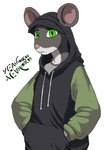 anthro black_clothing black_hoodie black_topwear clothed clothing fur green_eyes grey_body grey_fur hoodie male solo topwear white_body white_fur yeahimde4d mike_(yeahimde4d) mammal mouse murid murine rodent hi_res traced