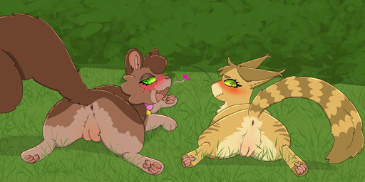anus blush body_blush brown_body brown_fur butt cheek_tuft countershade_torso countershading duo embarrassed facial_tuft female feral fluffy fluffy_tail freckled_face freckles fur genitals green_eyes head_tuft heart_symbol logo looking_at_viewer looking_back lying_on_ground markings on_ground open_mouth outside pawpads pink_pawpads plant presenting presenting_anus presenting_hindquarters presenting_vulva raised_tail shrub striped_body striped_fur striped_markings striped_tail stripes tail tail_markings text tuft vulva vulva_blush yellow_body yellow_fur whitefroggim warriors_(book_series) princess_(warriors) sandstorm_(warriors) domestic_cat felid feline felis mammal artist_logo artist_name hi_res