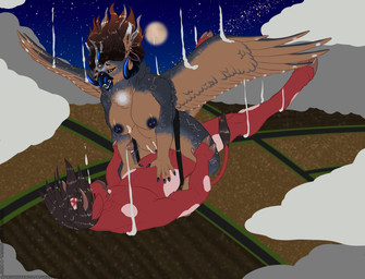 3_eyes anthro beak beak_piercing black_hair blue_nipples bodily_fluids breasts brown_body brown_fur claws cloven_hooves constellation_markings cum cum_in_vagina cum_inside cum_on_breasts duo ear_piercing facial_piercing falling fangs female flying flying_sex fungus fur furgonomic_piercing furgonomics genital_fluids grey_body grey_fur hair holding_arm holding_leg holding_thigh hooves horn male male/female moon multi_eye neck_tuft nipple_piercing nipples open_mouth penetration piercing red_body red_fur safety_harness sex sky_sex teeth tuft vaginal vaginal_penetration wings spiritwhitewolf microsoft minecraft mojang mythology xbox_game_studios blair_(spiritwhitewolf) regs_(theregularmexican) avian bovid bovine elemental_creature fungi_fauna gryphon mammal mooshroom mythological_avian mythological_creature absurd_res hi_res