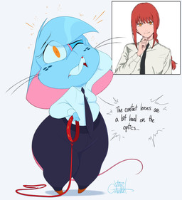 anthro bangs bar_emanata belly belt big_ears biped black_belt black_bottomwear black_clothing black_eyebrows black_necktie black_pants black_whiskers blue_body blue_ears blue_freckles blue_fur blue_hair blue_text blue_tuft bottom_heavy bottomwear breasts buckteeth cheek_tuft clothed clothed_anthro clothed_female clothing collar contact_lenses cosplay ears_down emanata eyebrows eyelashes facial_tuft female female_anthro footwear freckled_face freckles fur fur_tuft glistening glistening_hair hair headache holding_collar holding_object leash long_tail medium_breasts mouse_ears mouse_tail necktie one_eye_closed orange_emanata orange_eyes overweight overweight_anthro overweight_female pants partial_speech_bubble pear-shaped_figure pigeon_toed pink_inner_ear pink_nose pink_tail pivoted_ears pointy_speech_bubble red_clothing red_collar red_footwear red_leash red_mouth red_shoes shadow shirt shoes simple_background solo speech_bubble standing tail teeth text thick_thighs thin_tail topwear tuft whiskers white_background white_clothing white_dress_shirt white_shirt white_topwear wide_hipped_anthro wide_hipped_female wide_hips wince silentjack chainsaw_man makima_(chainsaw_man) mia_mouse mammal mouse murid murine rodent 2025 artist_name english_description english_text hi_res reference_image signature