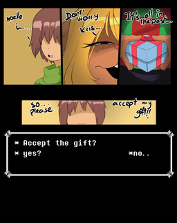 anthro black_bottomwear black_clothing black_skirt blonde_hair bottomwear clothing dialogue female freckles green_clothing green_sweater green_topwear hair half-closed_eyes holding_present interface narrowed_eyes ominous open_mouth skirt smile smirk sweater text topwear hasturart deltarune undertale_(series) kris_dreemurr noelle_holiday deer human mammal absurd_res comic english_text hi_res