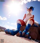 anthro cloud fur green_eyes hair looking_at_viewer male nude orange_body orange_fur outside paws pose posed qr_code sand sky smile solo tail warm_lighting white_body white_fur daytia c4d rexouium 3d_(artwork) cinema_4d_(artwork) digital_media_(artwork) hi_res