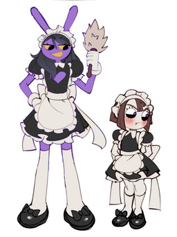 anthro big_ears black_clothing black_footwear black_hair black_mary_janes black_shoes blush brown_hair cleaning_tool clothing duo feather_duster female footwear fur hair hand_on_hip hand_on_own_hip knee_highs legwear long_hair maid_uniform mary_janes purple_body purple_fur shoes simple_background smile standing uniform white_background white_knee_highs lyssahh glitch_productions the_amazing_digital_circus gooseworx's_post-transition_jax_design jax_(tadc) pomni_(tadc) humanoid lagomorph leporid mammal rabbit 2026 absurd_res digital_drawing_(artwork) digital_media_(artwork) hi_res trans_(lore) trans_woman_(lore)