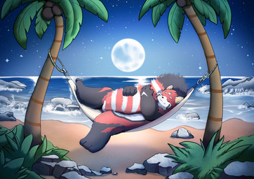 big_tail coconut drupe_(fruit) food fruit hammock holding_tail light male moonlight night plant red_body sea sleeping tail water wave white_body aciag humanoid mammal absurd_res hi_res