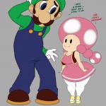 breasts clothed clothing dialogue duo female male not_furry short_stack text thick_thighs wide_hips lyn_nyl mario_bros nintendo luigi toadette human humanoid mammal toad_(mario) 1:1 english_text hi_res