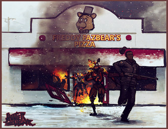 anthro border bow_(feature) bow_tie building burning burning_building chasing clenched_teeth clothed clothing door exposed_endoskeleton fire footwear frown glowing glowing_eyes gun hair hat headgear headwear hook jacket machine male open_mouth outside ranged_weapon red_border running shoes shotgun smoke street_lamp teeth text top_hat topwear weapon sligarthetiger five_nights_at_freddy's five_nights_at_freddy's_2 scottgames foxy_(fnaf) freddy_(fnaf) jeremy_fitzgerald mangle_(fnaf) withered_foxy_(fnaf) animatronic bear canid canine fox human mammal robot
