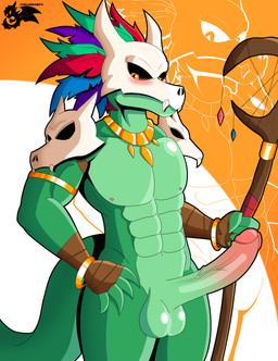 abs anthro balls big_penis bone genitals green_body long_penis male muscular muscular_male non-mammal_balls nude nude_anthro penis skull solo phunter15 terraria witch_doctor_(terraria) lihzahrd lizard reptile scalie hi_res