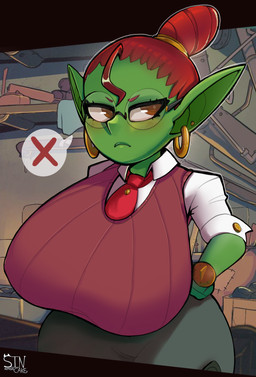 big_breasts biped blush bottomwear breasts clothed clothing ear_piercing ear_ring eyelashes female green_body hair huge_breasts humanoid_pointy_ears hyper hyper_breasts not_furry piercing pointy_ears pupils red_clothing red_hair ring_piercing skirt solo thick_thighs sinamoncake1 goblin humanoid hi_res
