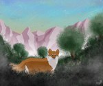 abstract_background ambiguous_gender blue_eyes feral fluffy fog fur mountain orange_body orange_fur plant shooting_star shrub sky solo star sunset tree parooty avian bird canid canine fox mammal 6:5 absurd_res hi_res huge_filesize