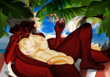 abs alcohol anthro areola balls beach beverage biped blonde_hair body_hair chest_fur chest_hair chest_tuft claws cocktail container cup erection facial_hair fingers fluffy fluffy_ears fluffy_hair fur genitals glass glass_container glass_cup hair holding_object humanoid_genitalia humanoid_penis komorebi long_tail looking_at_viewer male multicolored_body multicolored_fur neck_tuft nipples nude palm_tree penile penis pink_nipples plant purple_eyes red_body red_fur red_hair sand scales seaside shadow smile solo sun tail tree tuft water whiskers white_body yellow_body yellow_fur warhamon asian_mythology east_asian_mythology mythology vitamin_c_(forwardpickup) dragon eastern_dragon mammal mythological_creature mythological_scalie scalie digital_drawing_(artwork) digital_media_(artwork) hi_res