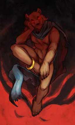 anklet anthro barefoot biped cape cape_only cheek_tuft clothing colored_nails detailed_background ear_piercing ear_ring eyebrows facial_tuft feet frown glowing glowing_eyes hand_on_cheek hand_on_face jewelry looking_at_viewer male midair midriff mostly_nude muscular nails pecs piercing red_eyes ring_piercing round_ears scowl short_eyebrows solo thick_eyebrows torn_clothing tuft marcie_montis unnamed_character ambiguous_species bear felid lion mammal pantherine tiger ursine 2020 digital_drawing_(artwork) digital_media_(artwork) hi_res