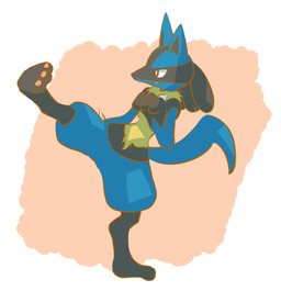 3_fingers abstract_background ambiguous_anthro ambiguous_gender anthro black_inner_ear blue_ears blue_hands blue_tail brown_eyes chest_fur facial_markings feet fingers fur gloves_(marking) hand_spike head_markings markings one_leg_on_ground one_leg_up pawpads raised_leg simple_background solo spikes spikes_(anatomy) tail tan_background tan_body tan_fur toes white_background white_sclera momensarada nintendo pokemon generation_4_pokemon lucario pokemon_(species) absurd_res colored hi_res