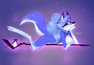 anthro belly blue_body blue_fur blue_hair breasts convenient_censorship female fur hair long_hair lying magic_staff magic_user nude occult_symbol on_front on_staff pentagram pose red_eyes seductive smile solo staff star_symbol symbol tail white_belly white_body white_fur witch siliciaart forgotten_(joyark_toons) jaizybel_ednora canid canine canis mammal wolf 2026 digital_media_(artwork) hi_res pinup unavailable_at_source