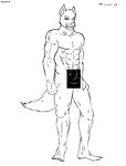 :^) after_transformation anthro grin latex latex_body looking_away male muscular simple_background smile solo white_background feralium canid canine canis mammal wolf censored monochrome sketch