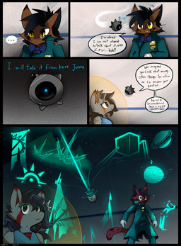 anthro base_three_layout black_nose blockage_(layout) brown_body brown_fur clothed clothing dialogue drone duo female five_frame_image fur gloves glowing grey_body hair handwear hologram horizontal_blockage looking_at_viewer machine magic male multicolored_body multicolored_fur orange_body orange_eyes shield simple_background text three_row_layout uniform whiskers yellow_eyes e-01 angel_(code01) jenna_(code01) canid canine canis domestic_cat felid feline felis hybrid hyena mammal mexican_wolf robot spotted_hyena wolf absurd_res comic digital_media_(artwork) english_text hi_res