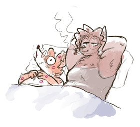 anthro armpit_tuft bedding blanket brown_body brown_fur brown_hair chest_tuft cigarette clothed clothing duo eyewear female fur glasses hair hands_behind_head kiss_mark lying male neck_tuft orange_body orange_fur pillow pointy_ears prick_ears round_ears shirt smoking smoking_cigarette snout tank_top topless topwear tuft under_covers white_body white_fur punkitt geronimo_stilton_(series) geronimo_stilton punkitt_(fursona) canid canine canis mammal mouse murid murine rodent wolf 2024 trans_(lore) trans_woman_(lore)