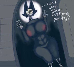 abs anthro big_breasts black_body black_ears black_fur bone breasts csyberdesk_(artist) door doorframe ears_up female forest forest_background fur glowing glowing_eyes hands_up larger_female light moon moonlight nature nature_background nipples plant size_difference skull skull_head solo text thick_thighs tree wide_hips marcz canid canine canis mammal monster wolf better_version_at_source english_text