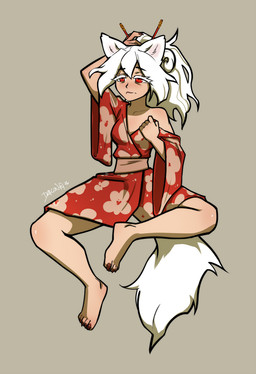 barefoot exposed_shoulder feet female fluffy fluffy_tail hair kemono kemononomimi long_hair messy_hair red_eyes simple_background tail white_hair dragonfu shinyuu_(character) hi_res