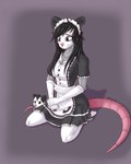 5_fingers anthro black_clothing black_eyes black_hair breasts clothed clothing feet female fingers footwear fur gloves grey_body grey_fur hair hand_on_hand handwear kneeling legwear looking_down maid_uniform pink_nose pink_tail plushie simple_background sitting sitting_on_ground smile socks solo tail uniform white_body white_clothing white_fur dmoon kia_(spikethefurry) american_opossum mammal marsupial 4:5 absurd_res digital_media_(artwork) hi_res