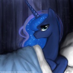 1:1 2011 bed blue_hair cosmic_hair equid equine ethereal_hair female feral friendship_is_magic furniture hair hasbro horn inside john_joseco long_hair looking_at_viewer mammal multicolored_hair my_little_pony mythological_creature mythological_equine mythology on_bed pillow princess_luna_(mlp) solo starry_hair unicorn