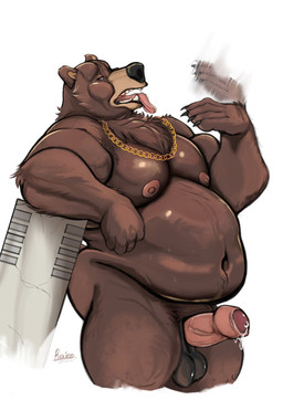 anthro balls belly big_belly black_nose bodily_fluids brown_body brown_fur erection foreskin fur genital_fluids genitals humanoid_genitalia humanoid_penis jewelry male musclegut muscular muscular_male necklace nipples nude overweight overweight_male partially_retracted_foreskin penis precum simple_background solo tongue tongue_out white_background raivenderouthelion bear mammal 2025 hi_res