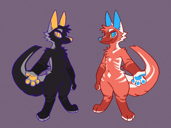 anthro black_body black_fur blue_eyes blue_nose blue_pawpads closed_smile duo featureless_crotch fur glistening glistening_eyes grey_body grey_fur male mouth_closed nude pawpads red_body red_fur simple_background smile sparklefur standing three-quarter_view unsigned white_body white_fur yellow_eyes yellow_nose yellow_pawpads yellow_sclera asnnonaka jinn_(asnnonaka) 4:3 digital_media_(artwork) hi_res