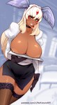 areola big_breasts biped blurred_background bottomwear breast_rest breasts clothed clothing eyelashes female hair head_wings inside legwear looking_at_viewer nipple_piercing nipples not_furry piercing pupils skirt solo text thick_thighs thigh_highs unusual_wing_placement wings nofuture angel_blade nailkaiser humanoid winged_humanoid hi_res url