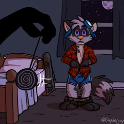anthro bedroom boxer_briefs clothing curtains duo duo_focus group hypnosis hypnotic_eyes male male/male mind_control night ringed_eyes shirt standing submissive submissive_male topwear underwear undressing window tinydeerguy ringo_raccoon mammal procyonid raccoon 1:1 hi_res