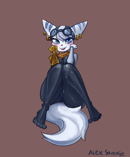 anthro black_clothing black_leggings black_legwear blue_body blue_eyes blue_fur blush brown_background butt butt_from_the_front clothing ear_piercing ear_ring eyewear feet female fingers fluffy fluffy_tail front_view fur goggles humanoid_feet humanoid_hands leggings legwear looking_at_viewer markings open_mouth open_smile piercing plantigrade pose ring_piercing robotic_arm simple_background sitting smile solo striped_markings stripes tail text toes white_body white_fur alexsavenije ratchet_and_clank sony_corporation sony_interactive_entertainment rivet_(ratchet_and_clank) lombax mammal artist_name full-length_portrait hi_res portrait