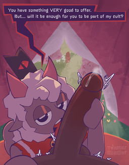 anthro balls bedroom_eyes bell bell_collar big_penis bodily_fluids clothed clothing collar crown dark_body dark_skin dialogue duo_focus ejaculation embarrassed erection first_person_view flower fur genital_fluids genitals group headgear holding_penis huge_penis human_on_anthro human_pov interspecies leaking_precum licking looking_at_viewer male male/male male_on_anthro male_on_human male_pov narrowed_eyes oral partially_clothed penile penis penis_lick plant precum question question_mark seductive sex speech_bubble text tongue toasterstealer cult_of_the_lamb massive_monster_(studio) anon follower_(cult_of_the_lamb) lamb_(cult_of_the_lamb) narinder red_crown_(cult_of_the_lamb) amphibian bovid caprine domestic_cat felid feline felis frog human mammal sheep english_text hi_res