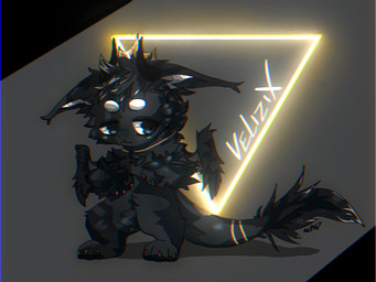 anthro black_eyes chibi claws crown eyebrows fluffy fluffy_tail fur furred_wings gold_(metal) gold_jewelry golden_claws headgear horn jewelry male neon_sign sign solo tail text white_eyebrows alphyone7 mythology velizix_(birbeq) dragon furred_dragon furred_scalie mythological_creature mythological_scalie scalie 4:3 absurd_res hi_res