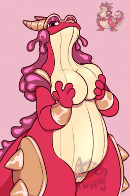 4_fingers anthro big_breasts breast_grab breasts brown_eyes female fingers hand_on_breast hopra_(beastieball) horn mature_female red_body red_skin self_grope slightly_chubby solo thick_thighs aliendogfreak beastieball amphibian beastie_(species) frog hopra hi_res