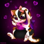 :3 cape cauldron clothing female half_naked heart_symbol magic magic_user mottled paws piebald purple_eyes simple_background solo tongue tongue_out witch kamirah castle_cats purrcilla_(castle_cats) calico_cat domestic_cat felid feline felis mammal 1:1