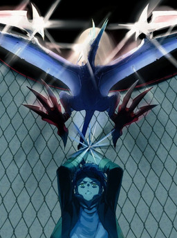 accessory blue_hair cage cage_match chain_link claws duo feral frown hair headband male wings st14_kr010 bandai_namco digimon digimon_beatbreak raito_souda azhdarmon digimon_(species) human mammal scalie blue_theme