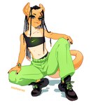 anthro bottomwear clothing crop_top crouching dreadlocks egyptian egyptian_clothing eyeshadow femboy footwear horn makeup male nike_logo pants shirt shoes sneakers solo sweatpants topwear unicorn_horn suutooroo ramsay_(frenky_hw) lizard reptile scalie hi_res