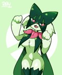 anthro breasts fangs female fur green_body green_fur looking_at_viewer mask open_mouth red_eyes simple_background solo teeth wearing_mask nosoyroh nintendo pokemon felid feline felis generation_9_pokemon mammal meowscarada pokemon_(species) 2022 5:6 digital_media_(artwork) hi_res
