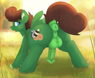animal_genitalia animal_penis anus aroused balls blue_eyes brown_hair brown_mane brown_tail butt cutie_mark equine_anus equine_genitalia equine_penis erection feral fluffy fluffy_chest fur genitals grass green_anus green_balls green_body green_fur green_penis hair hooves male male_feral mane nature nature_background outside penis plant presenting presenting_anus presenting_balls presenting_hindquarters presenting_penis puffy_anus raccoon_tail raised_tail skunk_tail solo spread_legs spreading squirrel_tail story_included tail tail_anus tree tree_trunk wings not_texmex hasbro my_little_pony mythology fan_character pine_thunderoak equid equine horse mammal mythological_creature mythological_equine pegasus pony colored digital_media_(artwork) hi_res story story_in_description
