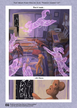 anthro carpet closet crafting_table fur furniture group inside male male/male orange_body orange_fur plush_stuffing plushie plushie_gore plushophilia sewing_machine standing stool text obrien_(artist) tobias_(obrien) canid canine ghost lagomorph leporid mammal mouse murid murine rabbit rodent spirit absurd_res comic english_text hi_res