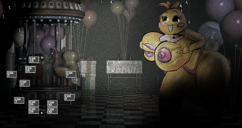 anthro beakless big_breasts breasts camera_view female hyper machine sharp_teeth solo teeth text thick_thighs wide_hips bdunk five_nights_at_freddy's five_nights_at_freddy's_2 scottgames toy_chica_(fnaf) animatronic robot absurd_res english_text hi_res