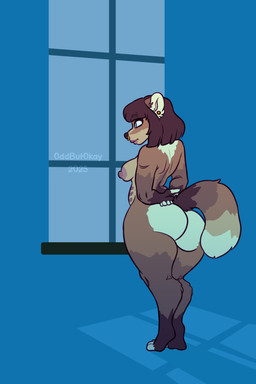 anthro areola big_butt breasts brown_body brown_fur butt ear_piercing facial_piercing female fur nipples nose_piercing nose_ring nude piercing ring_piercing solo standing oddbutokay canid canine mammal raccoon_dog tanuki 2:3 absurd_res hi_res meme herm_(lore) intersex_(lore)