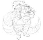 anthro armor astronaut backpack clothed clothing fully_clothed headgear helmet holding_armor holding_headgear holding_helmet holding_object long_tail looking_at_viewer male overweight overweight_anthro overweight_male smile solo spacesuit standing suit tail cettus reptile scalie snake 2023 monochrome