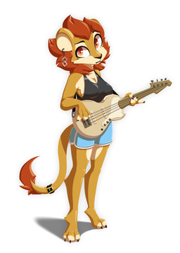 3_toes 4_fingers accessory anthro barefoot big_breasts black_clothing black_shirt black_tank_top black_topwear blue_bottomwear blue_clothing blue_shorts bottomwear breasts claws cleavage clothed clothing digitigrade dolphin_shorts ear_piercing electric_guitar feet female fingers frown fur furgonomics guitar hair jewelry musical_instrument paws piercing playing_guitar playing_music plucked_string_instrument red_eyes red_hair ring shadow shirt shorts side_boob simple_background solo standing string_instrument tail tail_accessory tail_jewelry tail_ring tail_tuft tank_top toe_claws toes topwear tuft miakameron felid lion mammal pantherine digital_media_(artwork) full-length_portrait hi_res portrait shaded