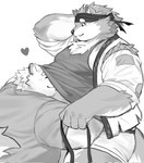 anthro belly bottomwear clothing duo fluffy heart_symbol hug kerchief male male/male overweight overweight_male shirt shorts tank_top topwear under_shirt yed tamacolle canid canine canis domestic_dog mammal greyscale hi_res monochrome