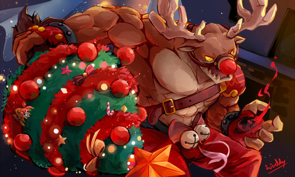 4_fingers abs anthro antlers bell bell_bow belt biceps big_muscles biped bottomwear bow_(decoration) bow_(feature) bow_ribbon brown_body brown_fur buckle christmas_bauble christmas_decorations christmas_ornament christmas_star christmas_tree clothed clothing decorated_bow decoration detailed_background fingers fur holding_object holidays horn jingle_bell male multicolored_body multicolored_fur muscular muscular_anthro muscular_male night open_mouth pants pecs plant red_bottomwear red_clothing red_nose red_pants round_nose simple_background solo star star_decoration star_ornament star_polygon tan_body tan_fur tree two_tone_body two_tone_fur yellow_eyes yellow_sclera waddledox christmas deer mammal new_world_deer reindeer 2017 5:3 signature