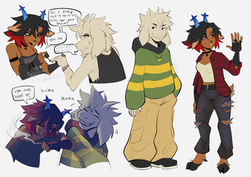 alternative_fashion anthro antlers black_hair black_nails blue_eyes bottomwear breasts brown_body brown_fur buckteeth cigarette clothed clothing cloven_hooves colored_fingernails colored_nails denim denim_bottomwear denim_clothing dialogue duo ear_piercing ear_ring eyeliner female fingerless_gloves fingernails footwear freckled_face freckles fully_clothed fur gloves goth hair handwear highlights_(coloring) hoodie hooves horn jeans makeup male male/female nails oversized_bottomwear oversized_clothing oversized_pants painting_nails pants piercing red_hair ring_piercing shirt shoes smoke smoking smoking_cigarette sneakers speech_bubble tank_top teeth text topwear torn_bottomwear torn_clothing torn_jeans torn_pants white_body white_fur vinylroid deltarune undertale undertale_(series) asriel_dreemurr dess_holiday bovid caprine deer goat mammal new_world_deer reindeer english_text hi_res