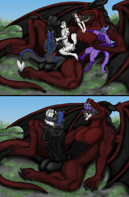 anthro backg balls big_balls big_penis bodily_fluids cock_vore erection genital_fluids genitals group hug huge_balls huge_penis hyper hyper_genitalia hyper_penis in_mouth kissing looking_at_viewer lying male male/male mohawk multiple_prey muscular muscular_male nude on_back outside penile penis precum red_body saliva size_difference stripes tail teeth tongue vore wings akryloth capcom monster_hunter mythology akryloth_(character) tylerequine canid canine canis domestic_cat domestic_dog dragon equid equine felid feline felis flying_wyvern mammal mythological_creature mythological_scalie nargacuga scalie zebra 2025 absurd_res comic hi_res shaded