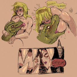 areola big_breasts bite black_eyes black_text blonde_eyebrows blonde_hair blue_eyes blush blush_lines bodily_fluids breast_bite breast_lick breast_play breasts collarbone dialogue duo eye_markings eyebrows eyes_closed female female_human for_a_head green_body green_scales hair hand_on_neck hand_on_shoulder head_grab head_spikes heart_symbol hearts_around_head human_on_humanoid interspecies licking long_hair looking_at_breasts male male/female male_humanoid markings moan nipples nude nude_female nude_human nude_humanoid nude_male open_mouth pink_areola pink_nipples pink_tongue profanity red_markings saliva saliva_on_breasts saliva_on_tongue scales sharp_teeth speech_bubble spikes spikes_(anatomy) teeth text tongue tongue_out currentlytr_ash dorohedoro kaiman_(dorohedoro) nikaido_(dorohedoro) risu_(dorohedoro) animal_head animal_humanoid human humanoid lizard_humanoid mammal reptile reptile_humanoid scalie scalie_humanoid 1:1 2026 absurd_res english_text hi_res sequence