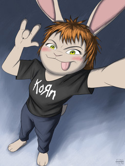 3_toes abstract_background anthro barefoot black_clothing black_shirt black_topwear blep blue_bottomwear blue_clothing blue_pants blush bottomwear brown_hair clothing devil_horns_(gesture) feet female fur gesture green_eyes hair hand_gesture pants paws plantigrade selfie shirt solo toes tongue tongue_out topwear white_body white_fur a9ymus korn stephanie_(a9ymus) lagomorph leporid mammal rabbit 2024 3:4 absurd_res digital_media_(artwork) hi_res shaded